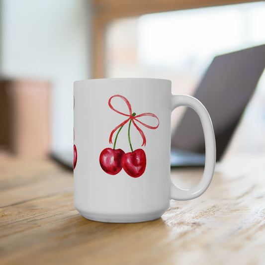 Cherry Bow 15 oz. Ceramic Mug Coffee Mug Tea Mug Great Gift for Mother's Day Gift for Mom Mug Cherries Tied with Ribbon Mug Cherry Lover Mug