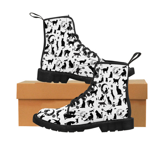 Black Cat Boots, Little Black Cats, Mice, Balls of Yarn, Crescent Moons,Combat Style, Women's Canvas Boots
